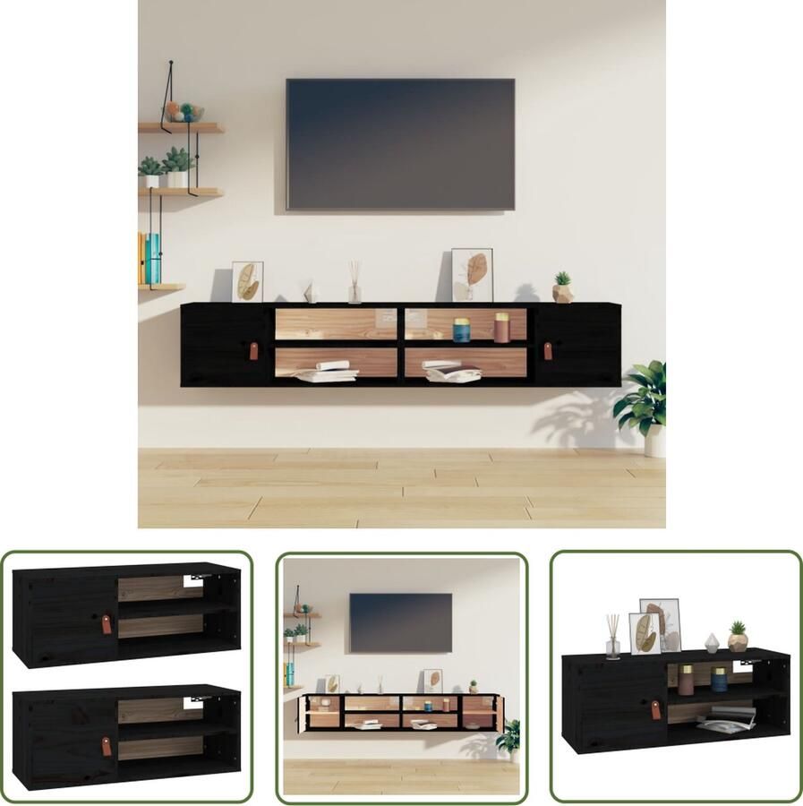 The Living Store Wandkasten 2 st 80x30x30 cm massief grenenhout zwart Wandkast Grenoble Hout Zwarte Wandkast Opbergkast Salontafel