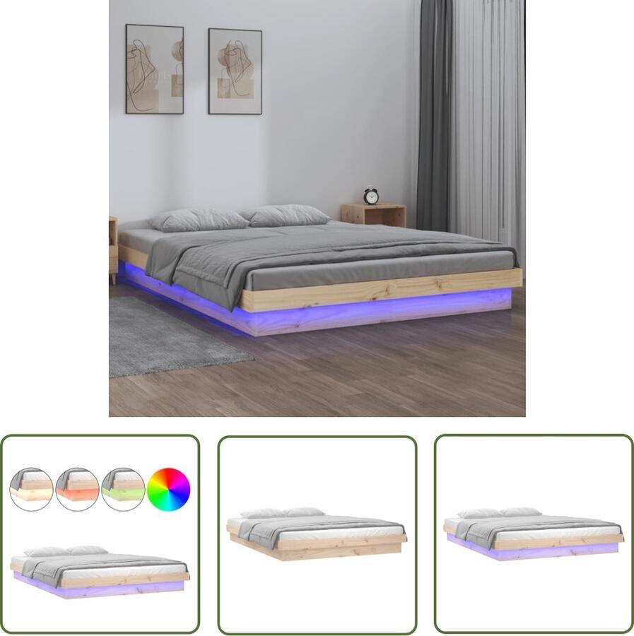 The Living Store Bedframe Grenenhout Met Kleurrijke LEDs 194 x 138.5 x 21 cm (L x B x H) USB-aansluiting Bedframe Grenenhouten Bed Led Lampen Slaapkamersdecoratie Usb Aansluiting