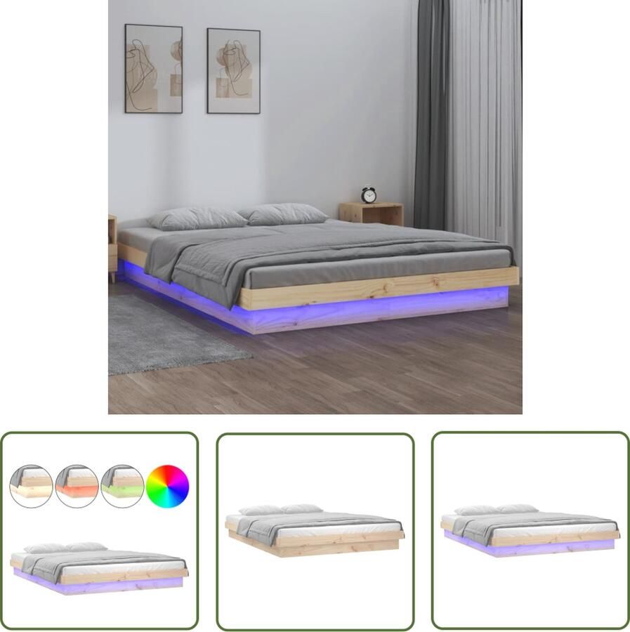The Living Store Bedframe Grenenhout Kleurrijke LEDs 194 x 143.5 cm USB-aansluiting Bedframe Grenenhouten Bed Led Lampen Usb Aansluiting Hoofdkussen