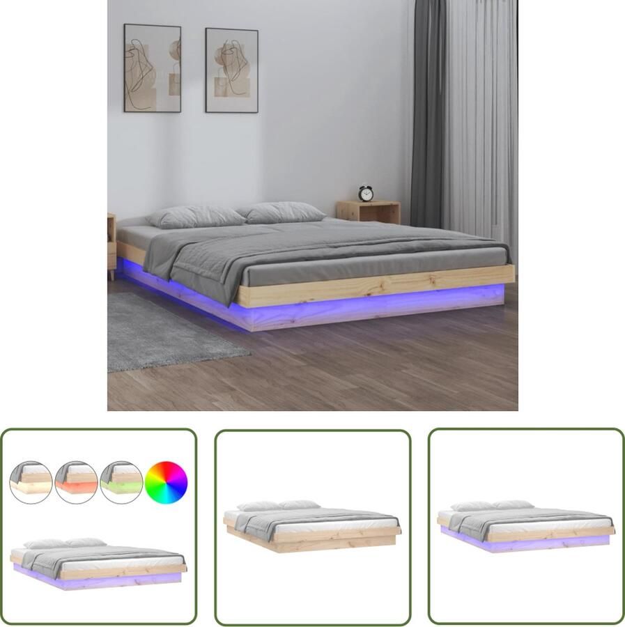 The Living Store Bedframe Rustic Grenenhout Kleurrijke LEDs 180x200 cm USB-aansluiting Bedframe Grenenhouten Bed Led Lampen Usb Aansluiting King Size Bed