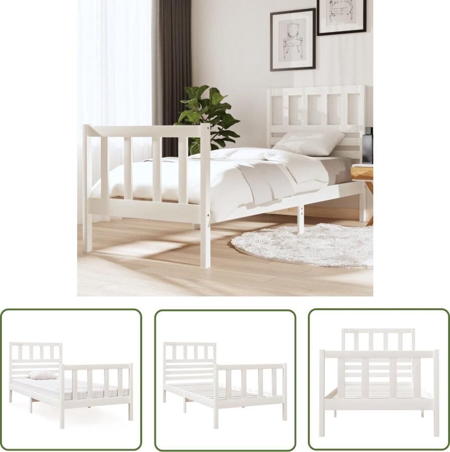 The Living Store Bedframe Grenenhout Wit 195.5 x 81 x 100 cm Voor matras 75 x 190 cm Stevig en stabiel Bedframe Grenenhouten Bed Wit Bed Enkel Bed Klein Tweepersoonsbed