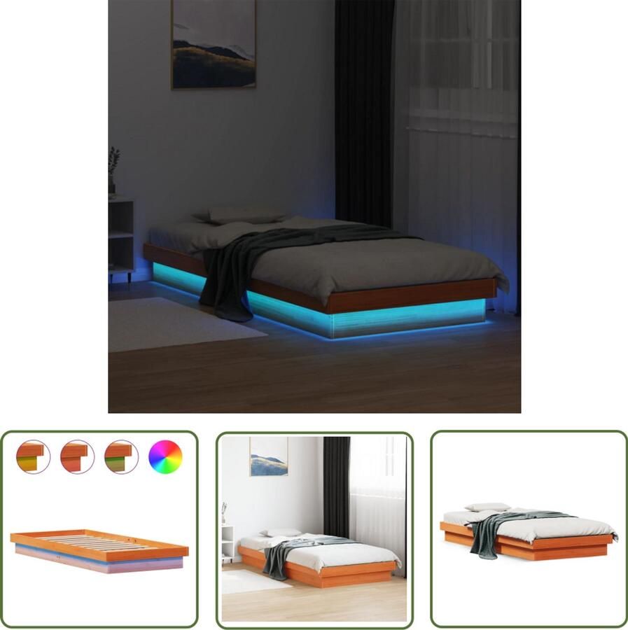 VidaXL Grenenhouten Bed Bedframe met LED massief grenenhout wasbruin 100x200 cm Led Bed Bruine Bed Tweepersoons Bed