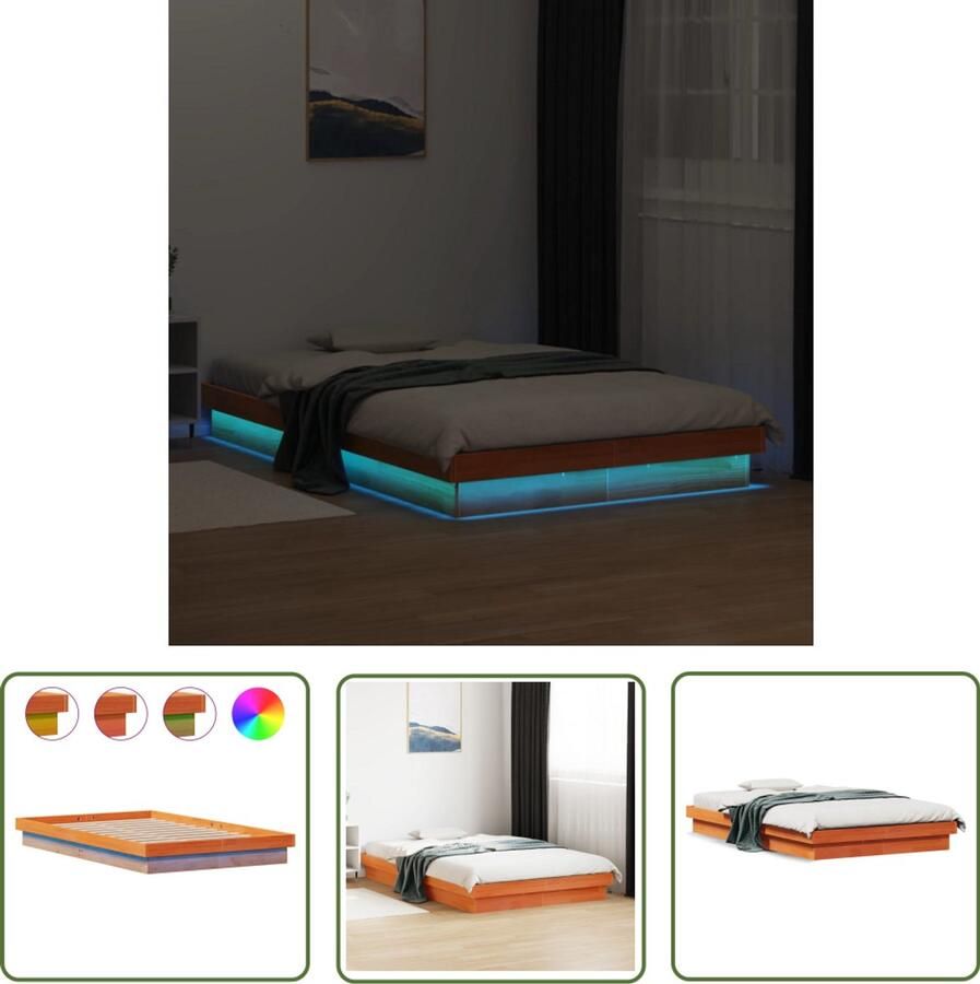 VidaXL Grenenhouten Bed Bedframe met LED massief grenenhout wasbruin 140x190 cm Led Bed Bedroom Furniture Modern Bed