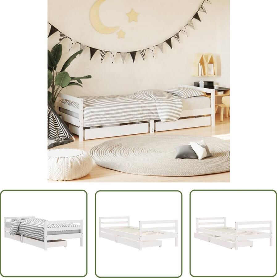 The Living Store Kinderbedframe Grenenhout Opberglade Wit 205.5 x 85.5 x 52 cm Kinderbed Frame Grenenhouten Bed Kids Bed Kinderkamer Meubels Opbergladekinderbed
