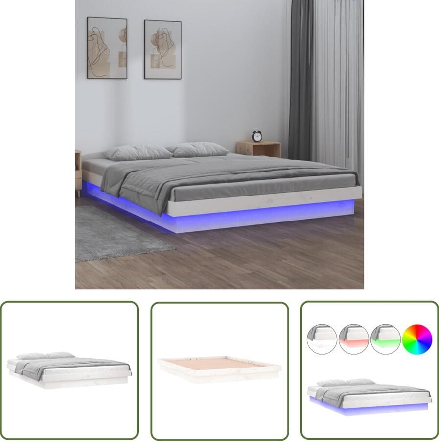 VidaXL Grenenhouten Bed LED Bedframe LED massief hout wit 160x200 cm Led Verlichting Bed Tweepersoons Bed Witte Bed