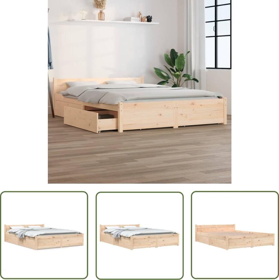 The Living Store Bedframe met lades 135x190 cm 4FT6 Double Bedframe Bedframes Bed Bedbodem Ledikant Bed Frame Massief Houten Bedframe Slaapmeubel Tweepersoonsbed Bedden Bedbodems