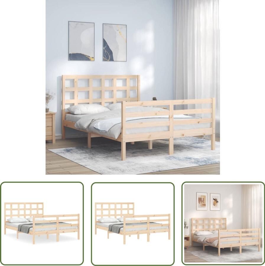 VidaXL Grenenhouten Bed Massief Houten Bed Bedframe met hoofdbord massief hout 140x190 cm Bed Frame Tweepersoonsbed Boxspring Bed