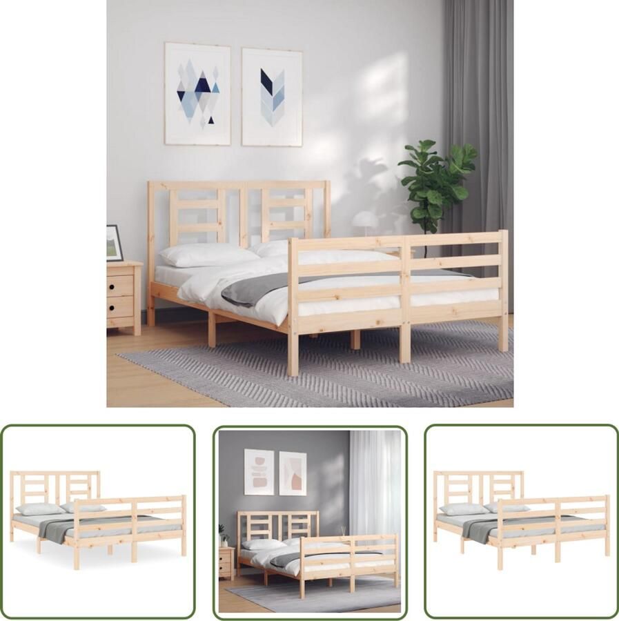 VidaXL Grenenhouten Bed Massief Houten Bed Bedframe met hoofdbord massief hout 140x190 cm Bed Frame Boxspring Bed Tweepersoons Bed