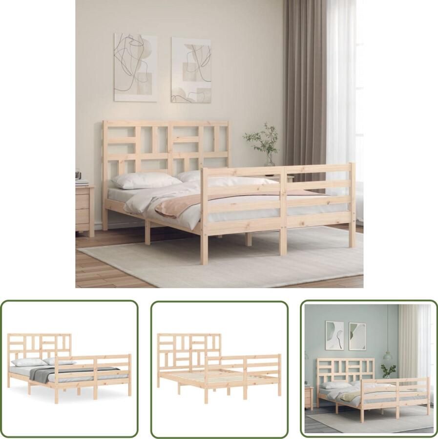 VidaXL Grenenhouten Bed Massief Houten Bed Bedframe met hoofdbord massief hout Bed Frame Tweepersoons Bed King Size Bed