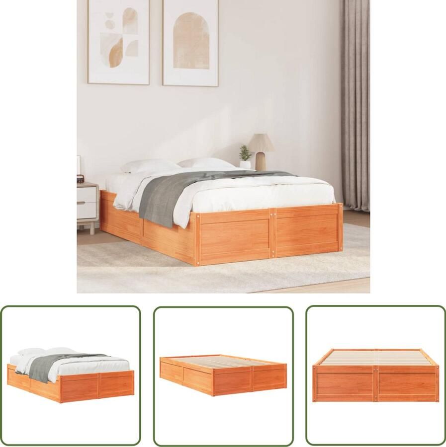 VidaXL Grenenhouten Bed Massief Houten Bed Bedframe zonder matras massief grenenhout wasbruin 135x190 cm Bruine Bed Tweepersoons Bed Minimalistisch Bed