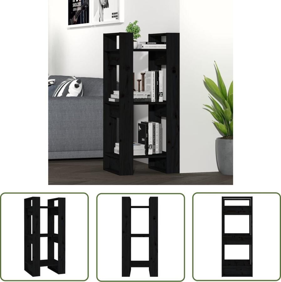 The Living Store Boekenkast kamerscherm 41x35x91 cm massief grenenhout zwart Boekenkast Grenenhouten Boekenkast Boekenplank Kamerdivider Room Divider - Foto 2