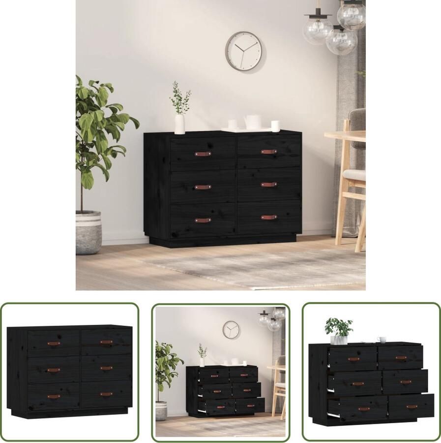 The Living Store Dressoir 100x40x75 cm massief grenenhout zwart Dressoir Massief Hout Grenenhouten Dressoir Zwarte Dressoir Vintage Dressoir