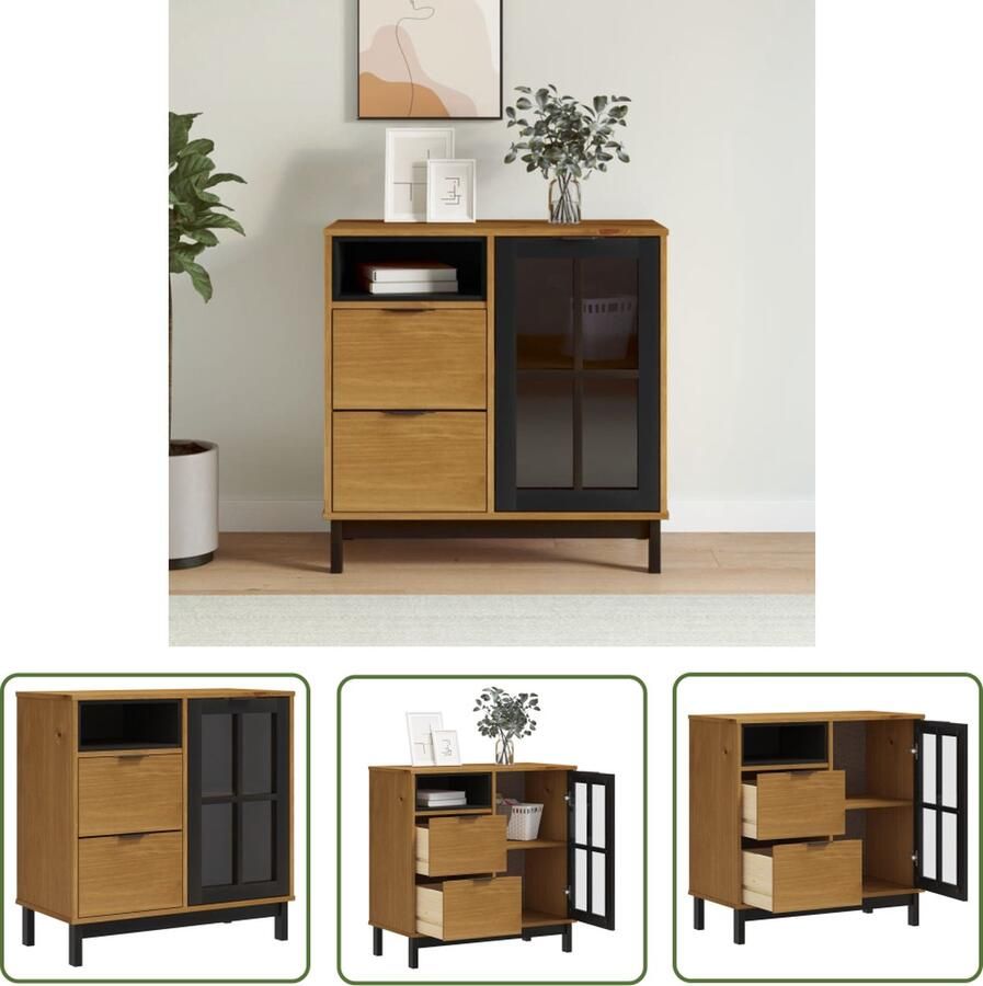 The Living Store Dressoir met glazen deuren FLAM 80x40x80 cm massief grenenhout Dressoir Opbergkast Grenenhouten Kast Vintage Dressoir Landelijke Woonkamer