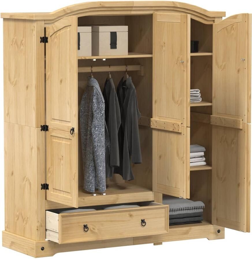 The Living Store Kledingkast Corona 151 5x52x170 cm massief grenenhout Kledingkast Grenenhouten Kast Vintage Kast Rustic Kast Bruine Kast