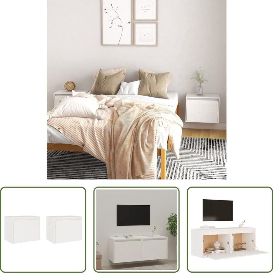 The Living Store Wandkasten 2 st 45x30x35 cm massief grenenhout wit Zwevende Wandkasten Houten Kast Grenoble Hout Witte Kast Salon Meubilair