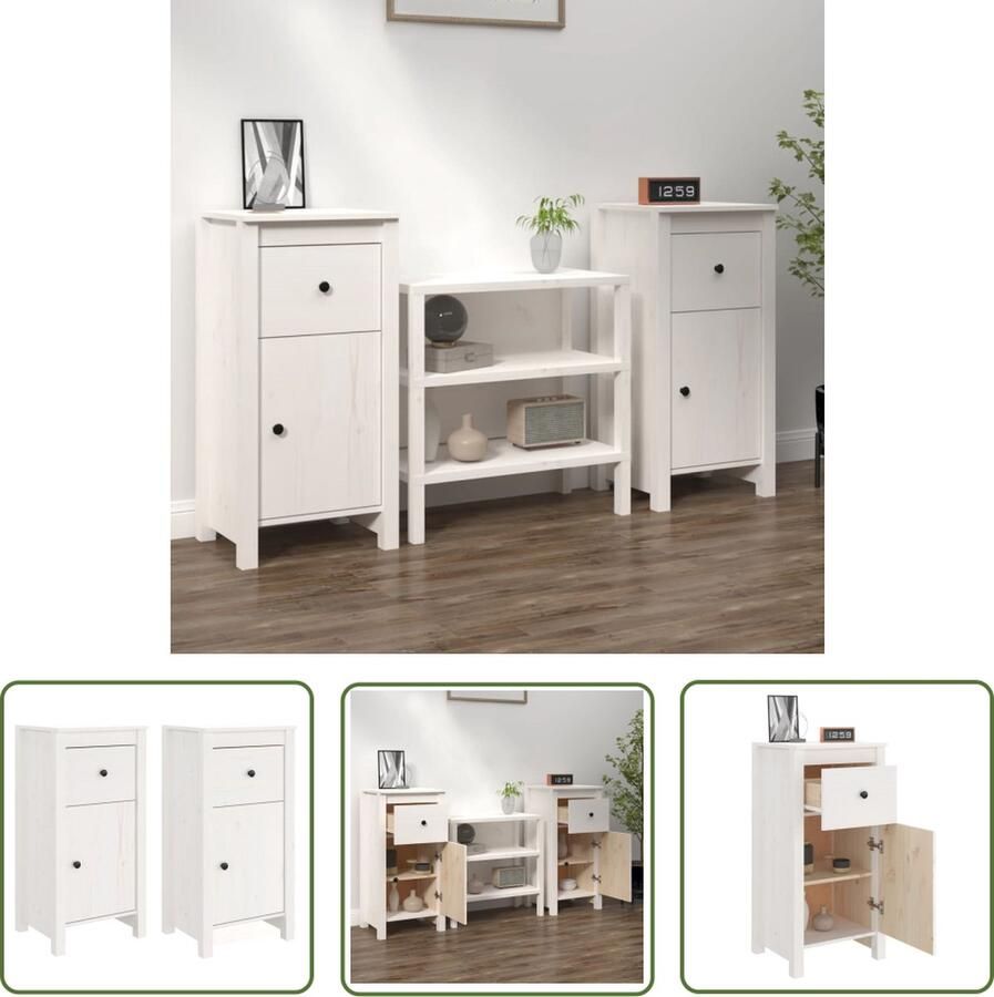 The Living Store Dressoirs 2 st 40x35x80 cm massief grenenhout wit Dressoir Grenenhout Meubel Wit Dressoir Opbergmeubel Salontafel