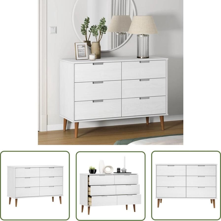 VidaXL Grenenhouten Meubel Ladekast MOLDE 113x40x80 cm massief grenenhout wit Vintage Kast Scandinavisch Design Opbergkast