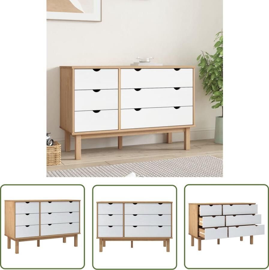 VidaXL Grenenhouten Meubel Ladekast OTTA 111x43x73 5 cm massief grenenhout bruin en wit Bruine Ladekast Witte Ladekast Scandinavisch Interieur