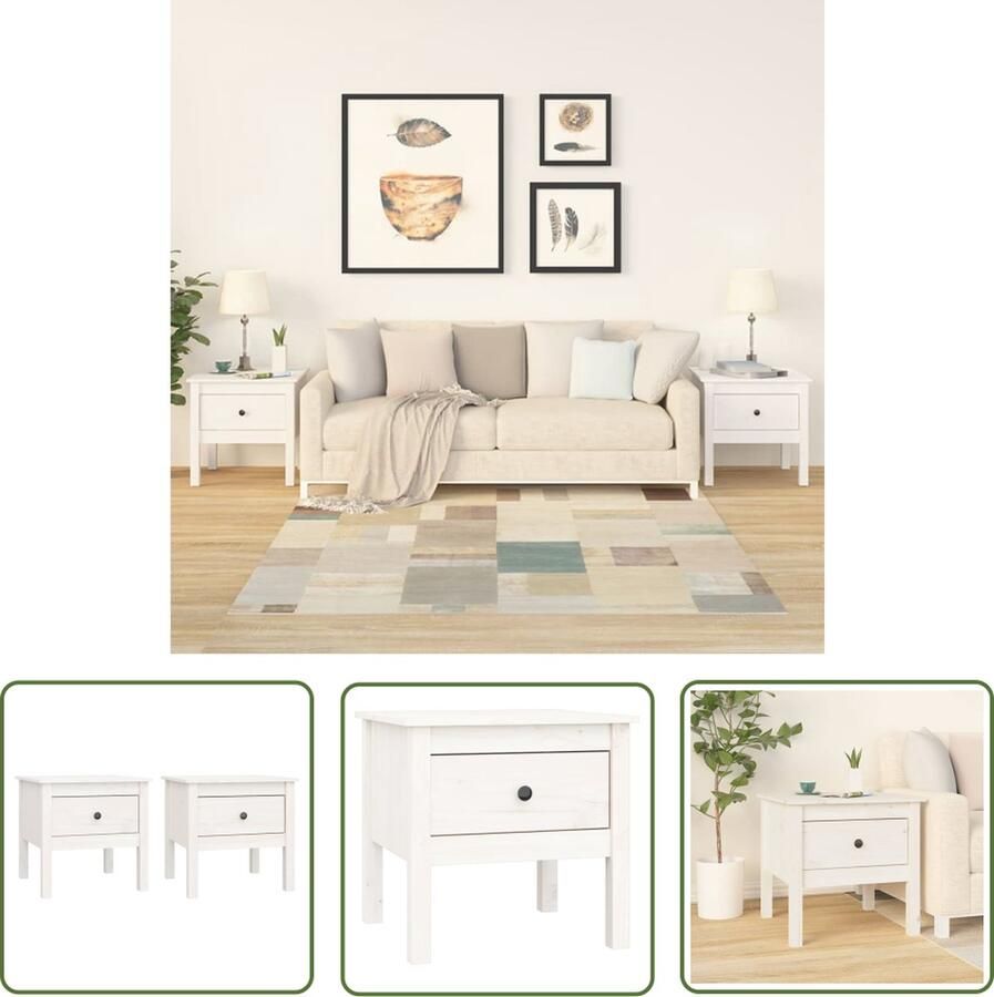 The Living Store Bijzettafels 2 st 50x50x49 cm massief grenenhout wit Bijzettafel Grenenhouten Meubilair Wit Meubel Salontafeltje Sidetable - Foto 2