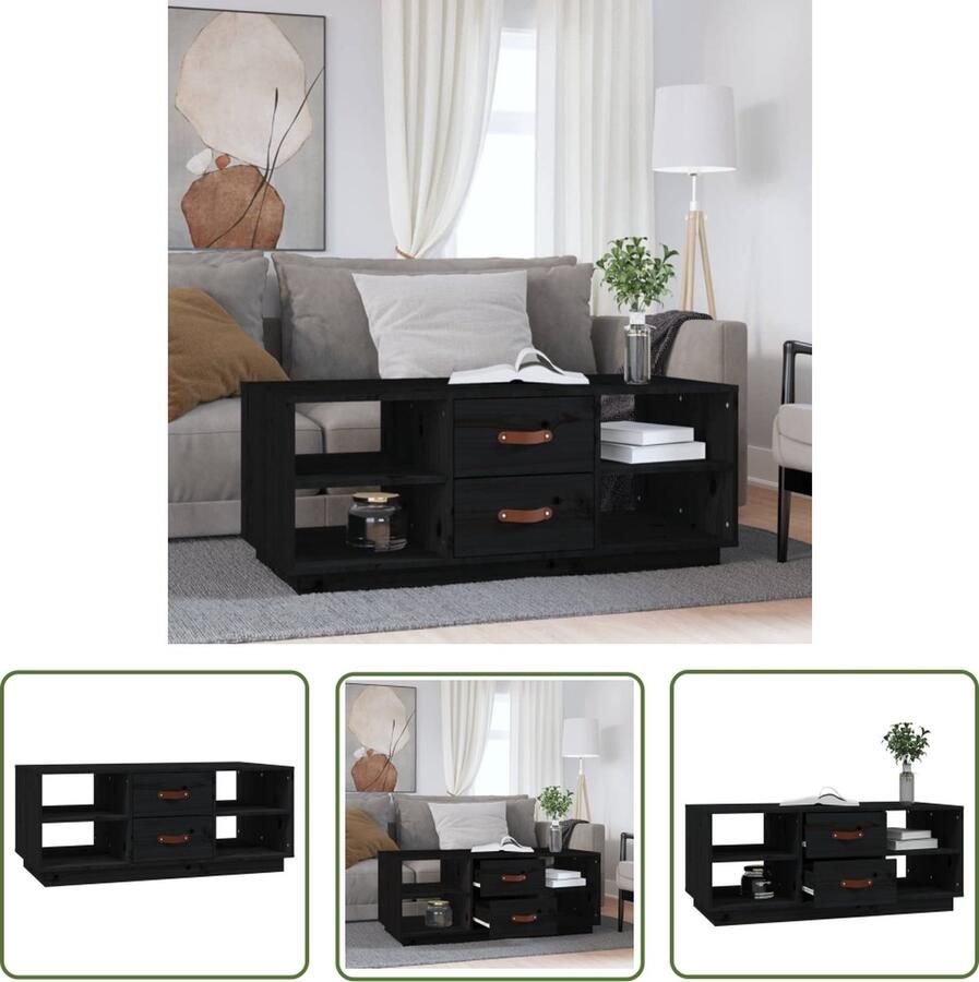 VidaXL Grenenhouten Tafel Salontafel 100x50x41 cm massief grenenhout zwart Zwarte Salontafel Modern Design Opbergruimte - Foto 2