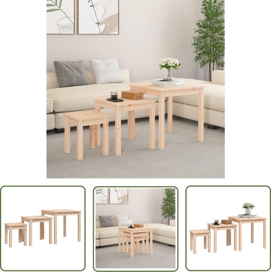 The Living Store Tafeltjesset 3 st massief grenenhout Massieve Houten Tafels Grenenhouten Tafels Nestkasten Salontafels Bijzettafels - Foto 2