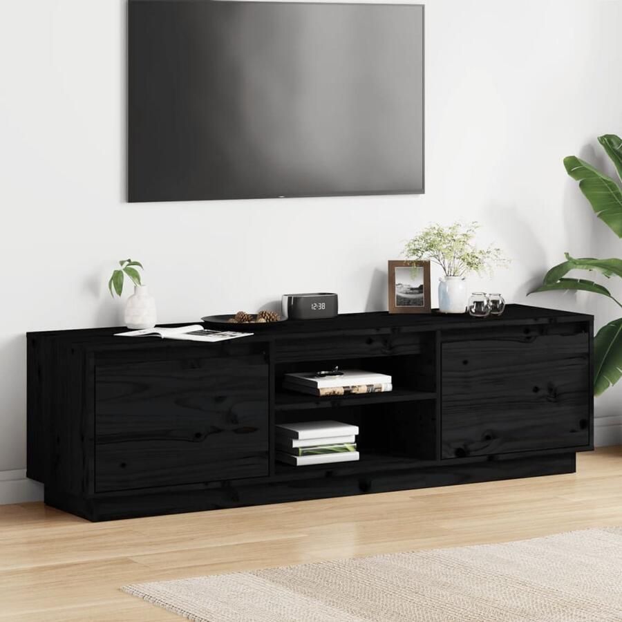 The Living Store Tv-meubel 140x35x40 cm massief grenenhout zwart Tv-meubel Grenenhouten Tv-meubel Black Tv-stand Tv Kast Salontafel