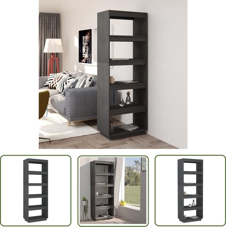 The Living Store Boekenkast Grijs Massief Grenenhout 60 x 35 x 167 cm Decoratief en Praktisch Montage vereist Boekenkast Grenoble Hout Grijze Boekenkast Boekenplank Opslagmeubel - Foto 2