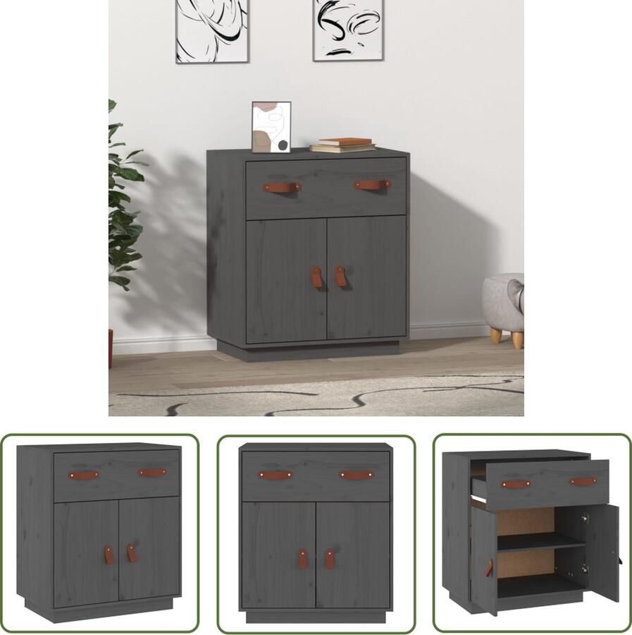 The Living Store Dressoir 65 5x40x75 cm massief grenenhout grijs Dressoir Grenoble Hout Vintage Meubels Landelijke Woonstijl Salontafel