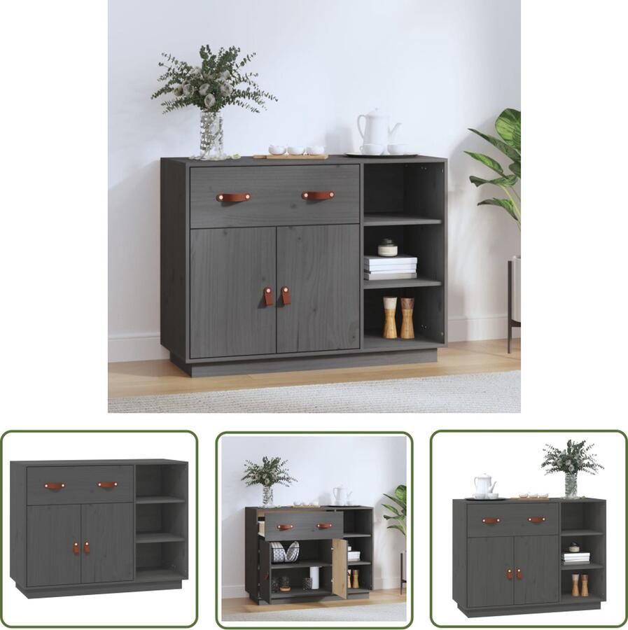 The Living Store Dressoir 98 5x40x75 cm massief grenenhout grijs Dressoir Grenoble Hout Vintage Dressoir Landelijke Woonkamer Opbergmeubels