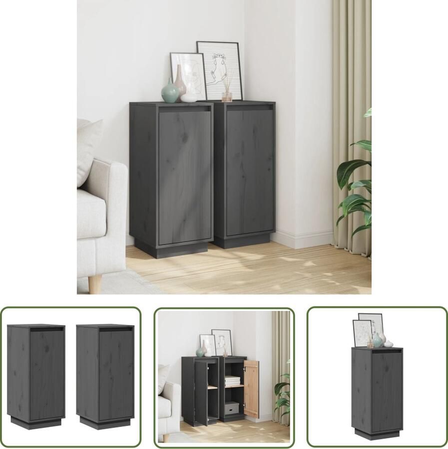 The Living Store Dressoirs 2 st 31 5x34x75 cm massief grenenhout grijs Bijzettafel Dressoir Massief Hout Grenshouten Meubel Opbergkast - Foto 2