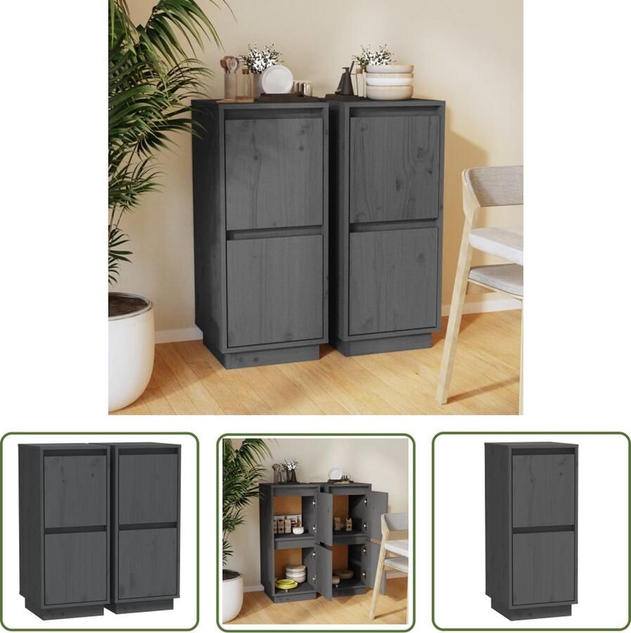 The Living Store Dressoirs 2 st 31 5x34x75 cm massief grenenhout grijs Dressoir Kast Opbergkast Greige Houtmeubilair