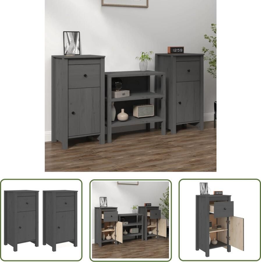 The Living Store Dressoirs 2 st 40x35x80 cm massief grenenhout grijs Dressoir Houten Dressoir Grenoble Hout Opslagmeubilair Salontafel