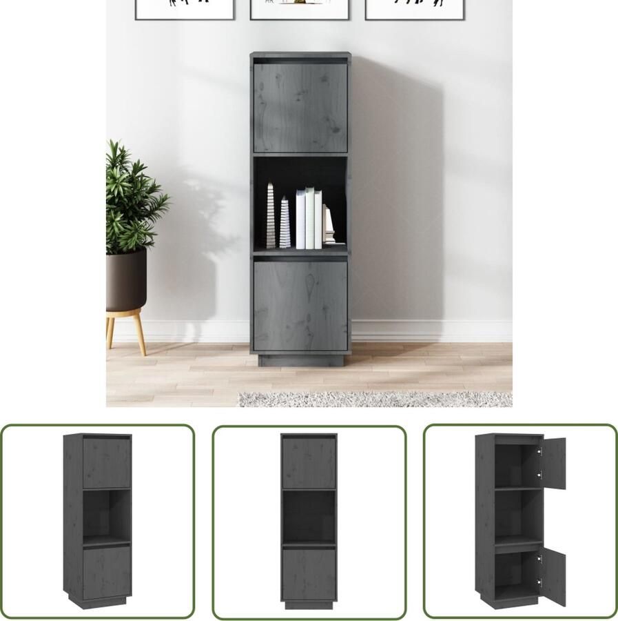 The Living Store Hoge kast 38x35x117 cm massief grenenhout grijs Hoge Kast Grenoble Hout Kasten Opslagmeubilair Woonkamer Meubels