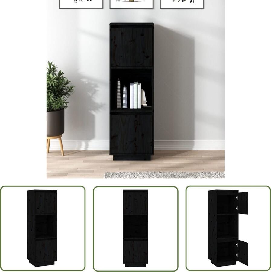 The Living Store Hoge kast 38x35x117 cm massief grenenhout zwart Hoge Kast Grenoble Hout Zwarte Kast Opslagkast Woonaccessoires