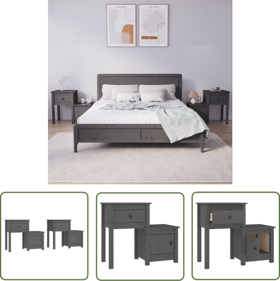 The Living Store Nachtkastjes 2 st 79 5x38x65 5 cm massief grenenhout grijs Nachtkastjes Grenoble Hout Slaapkamermeubel Opbergkast Sidetable - Foto 2