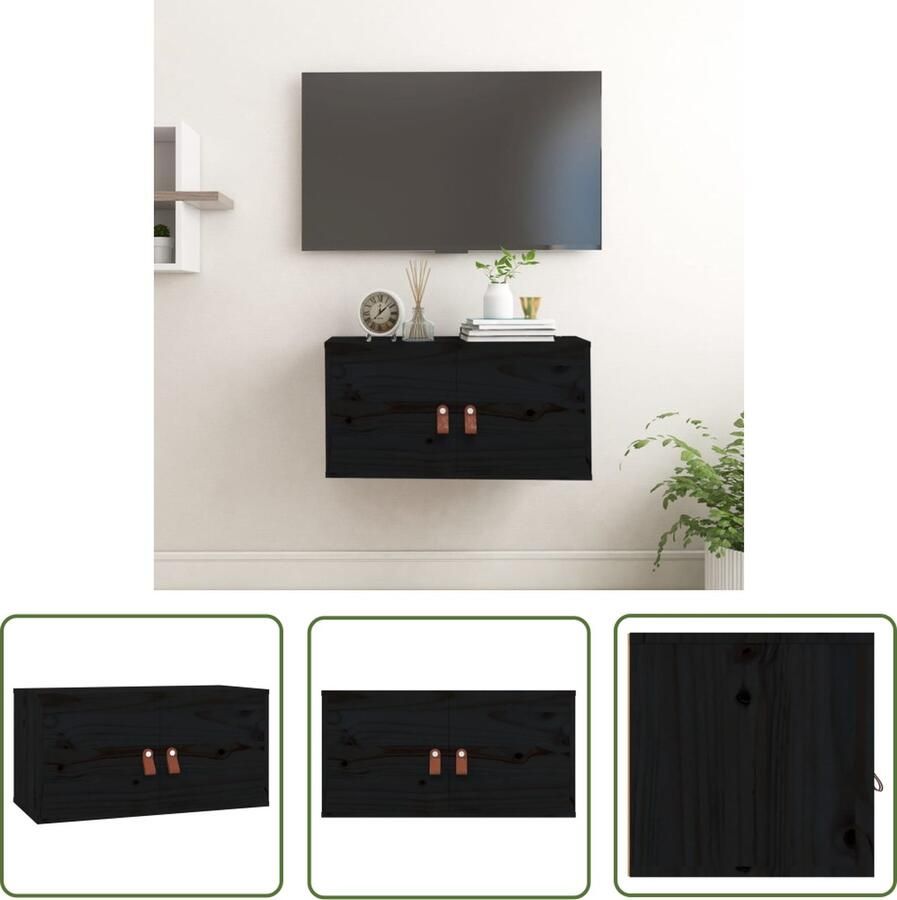 The Living Store Wandkast 60x30x30 cm massief grenenhout zwart Wandkast Grenoble Hout Zwarte Kast Opbergkast Hangkast
