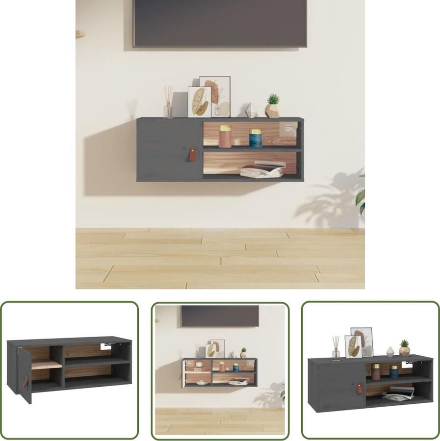 The Living Store Wandkast 80x30x30 cm massief grenenhout grijs Wandkast Grenoble Hout Opbergkast Tv Meubel Salontafel
