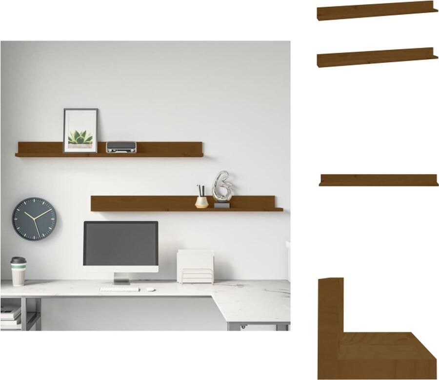 The Living Store Wandkasten 2 st 110x11x9 cm massief grenenhout honingbruin Zwevende Wandenplank Hout Plank Grenoble Planken Salondecoratie Badkamerkastje