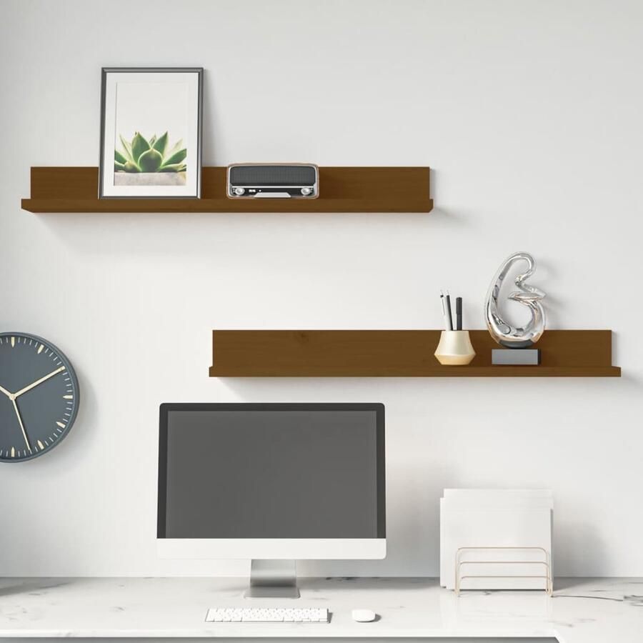 The Living Store Wandkasten 2 st 80x11x9 cm massief grenenhout honingbruin Zwevende Wandenplank Houten Wanddecoratie Grenoble Hout Salon Meubilair Woonkamer Accessoires