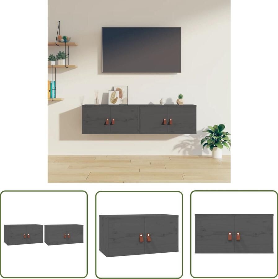The Living Store Wandkasten 2 st 60x30x30 cm massief grenenhout grijs Wandkast Grenoble Hout Grijze Wandkast Opbergkast Woonaccessoires