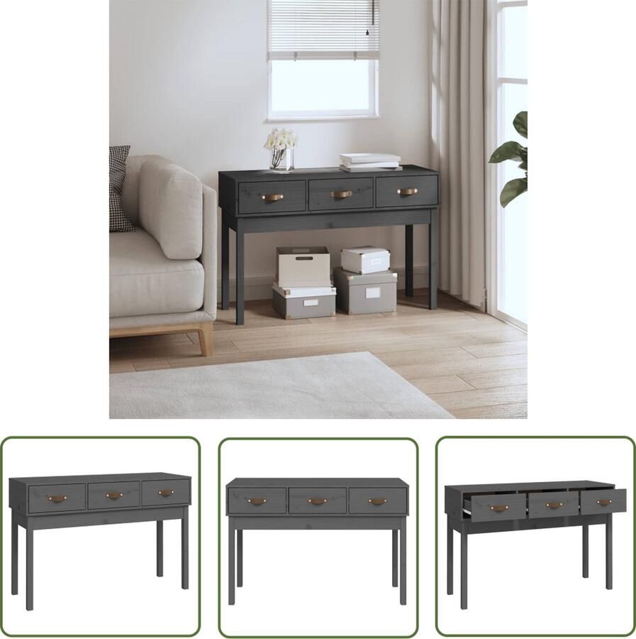 The Living Store Wandtafel Massief Grenenhout Grijs 114x40x75 cm 3 lades Wandtafel Grenoble Hout Bijzettafel Salontafel Entreetafel - Foto 2