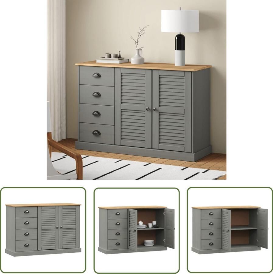 VidaXL Dressoir met lades VIGO 113x40x75 cm massief grenenhout grijs Dressoir Grenoblehouten Dressoir Vintage Dressoir Landelijk Dressoir Salontafel