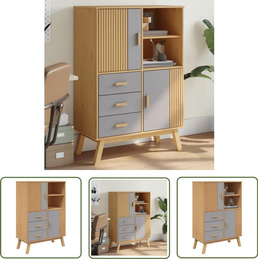 VidaXL Hoge kast OLDEN 85x43x125 cm massief grenenhout grijs en bruin Hoge Kast Grenoblehouten Kast Vintage Kast Opslagoplossing Woonkamermeubilair