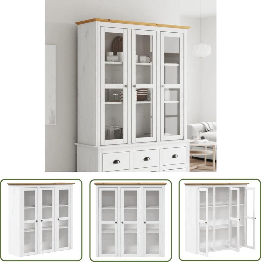 The Living Store Kast met glazen deuren BODO massief grenenhout wit en bruin Buffetkast Houten Kast Grenoble Kast Vintage Kast Vitrinekast