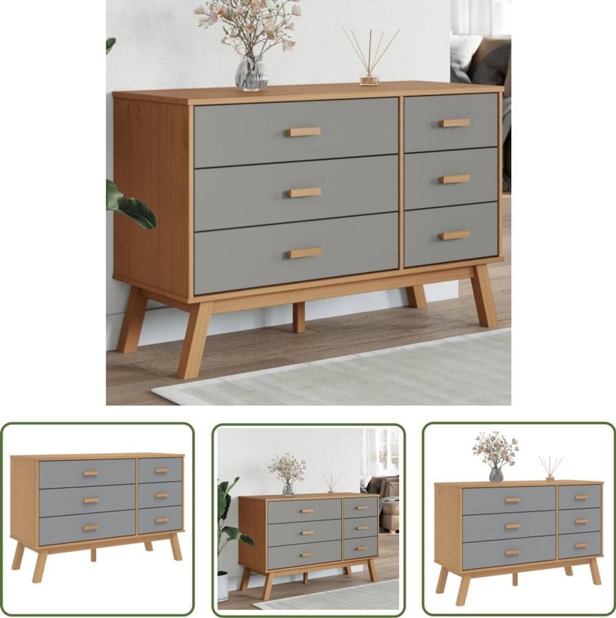 VidaXL Grenoblehouten Kast Ladekast Ladekastje OLDEN massief grenenhout grijs en bruin Grijze Kast Bruine Kast Vintage Kast