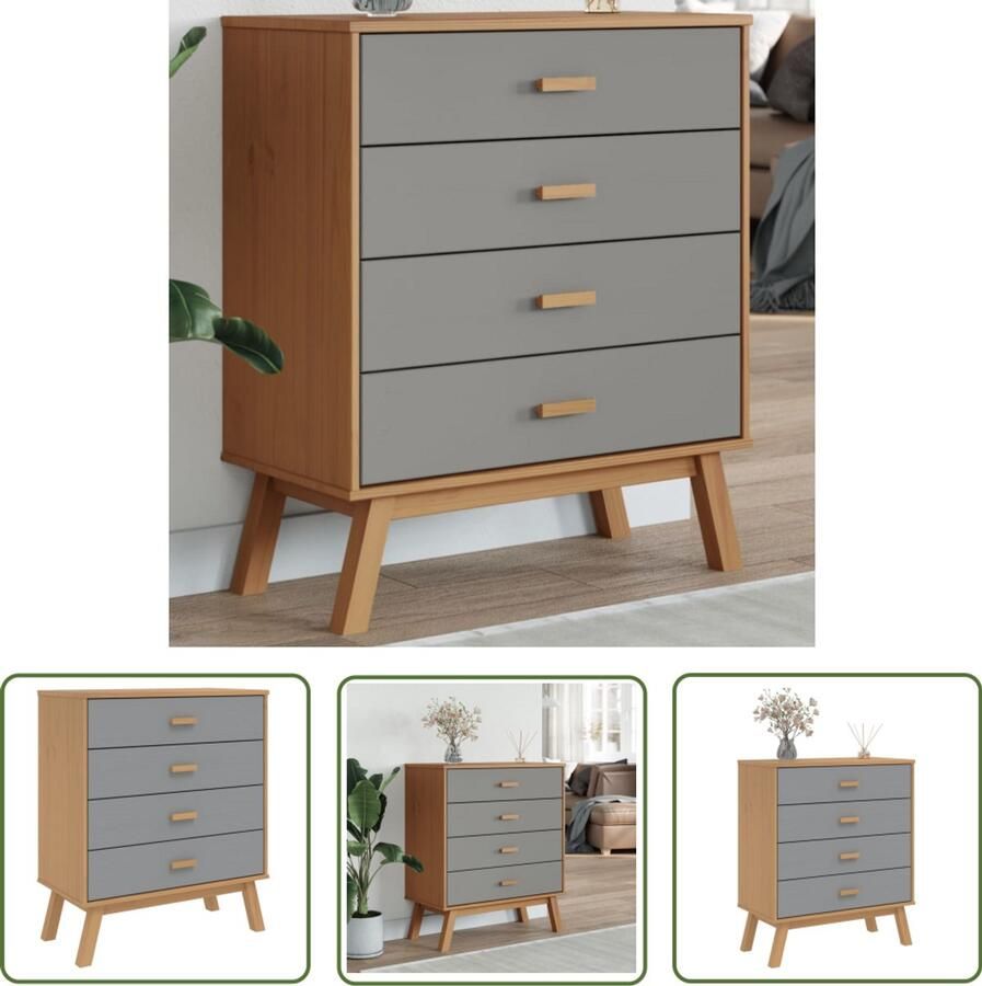 VidaXL Grenoblehouten Kast Ladekast Ladekastje OLDEN massief grenenhout grijs en bruin Vintage Kast Scandinavisch Design Opbergkast