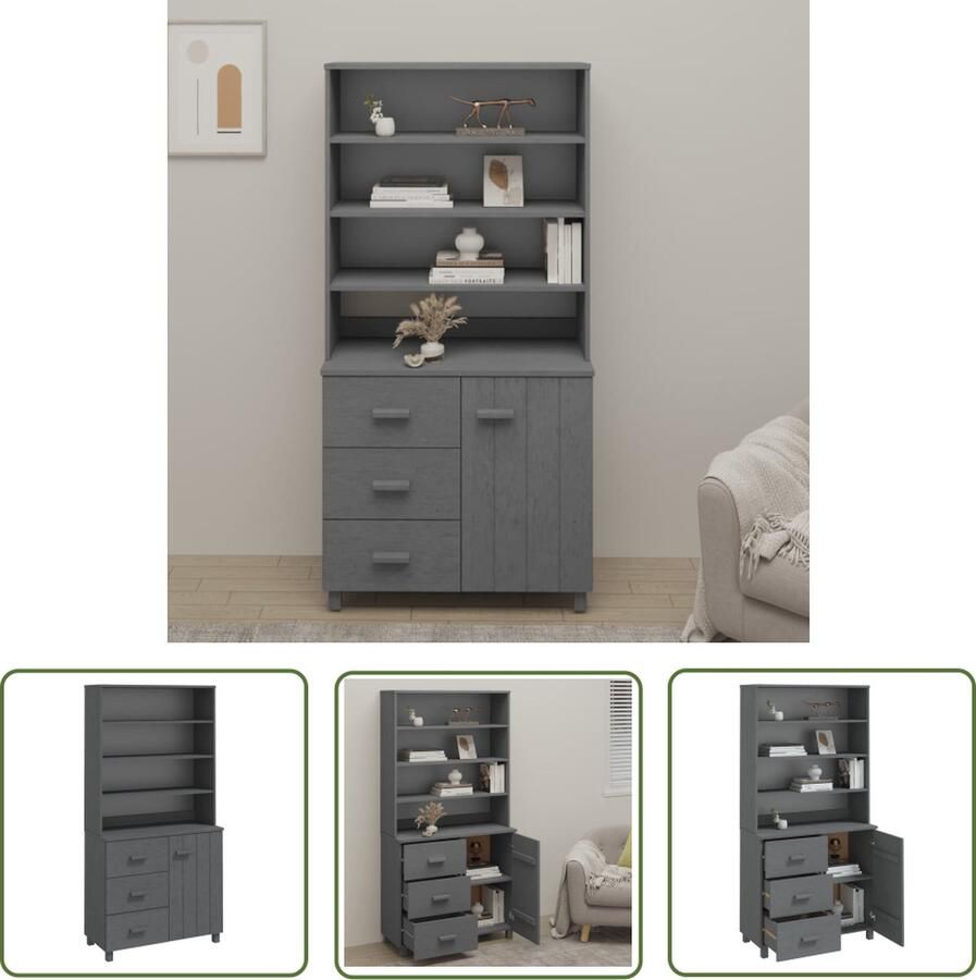 The Living Store Hoge kast HAMAR massief grenenhout donkergrijs Hoge Kast Dressoir Buffetkast Opbergkast Grenenhouten Kast