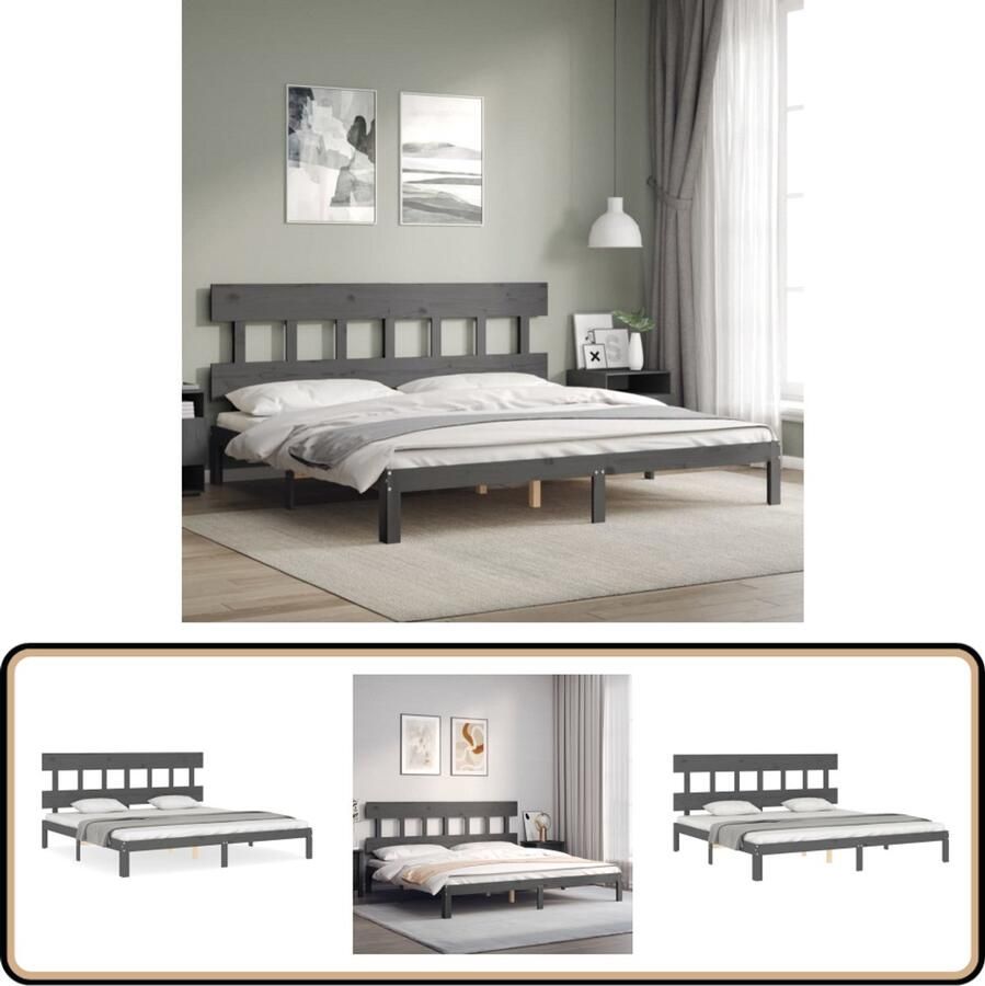 The Living Store Bedframe met hoofdbord massief hout grijs 200x200 cm Massief Houten Bed Frame Houten Bed Tweepersoons Bed Groot Bed 200x200