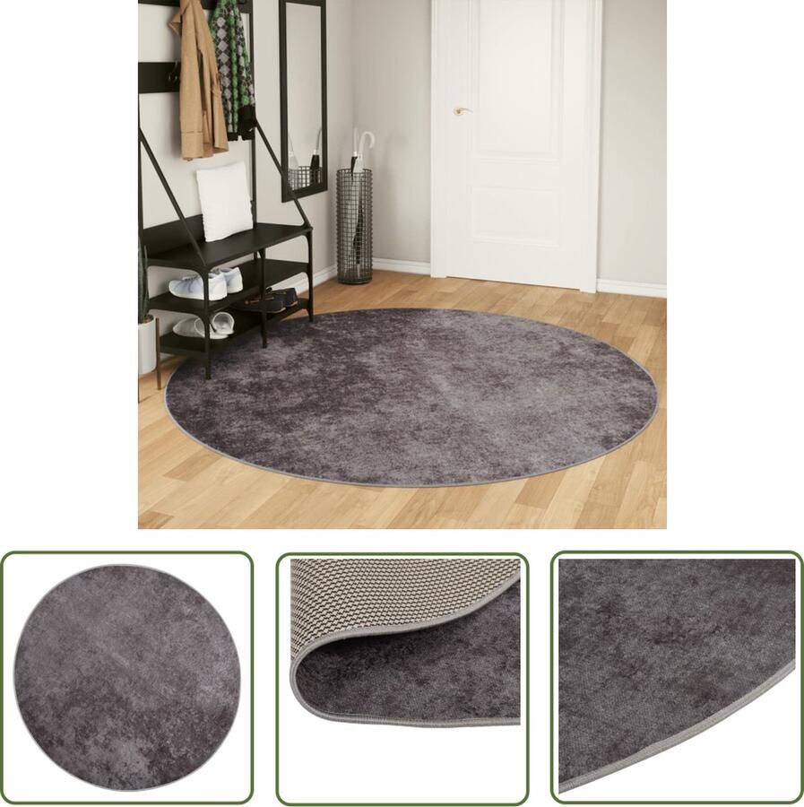 The Living Store Vloerkleed wasbaar anti-slip Ø 200 cm grijs Vloerkleed Grijs Vloerkleed Ronde Vloerkleed Wollen Vloerkleed Pluche Vloerkleed