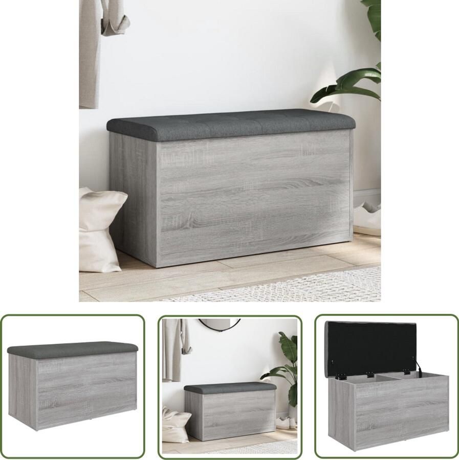 The Living Store Opbergbankje 82x42x45 cm bewerkt hout grijs sonoma eikenkleurig Opbergbankje Opbergbankjes Schoenenbankje Halbankje